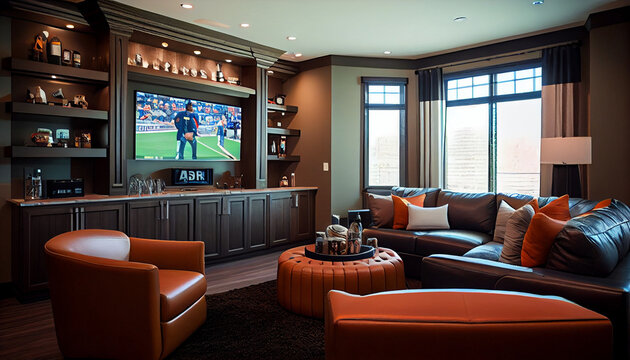 a luxurious and spacious room designed for sports enthusiasts, with a large 4K TV, comfortable leather couches, wall-mounted shelves filled with sports memorabilia, and a bar with a sink and a refrige