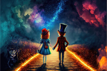 Fototapeta premium two people walking together on a fantasy road, a lot of colors, generative ai technology