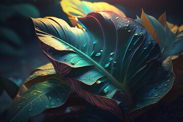 Naklejka premium Neon background of tropical leaves, neon tropical background, illustration of botanical texture, plant background, manstera. generative ai 