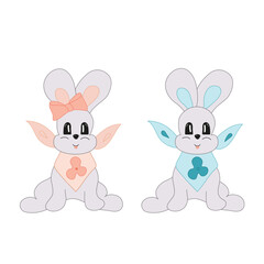 Bunnies boy and girl. Blue and orange Vector illustration of baby rabbits, hares in doodle style.