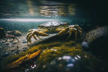 Illustration of a crab half underwater .Crustacean shelfish. Generative AI