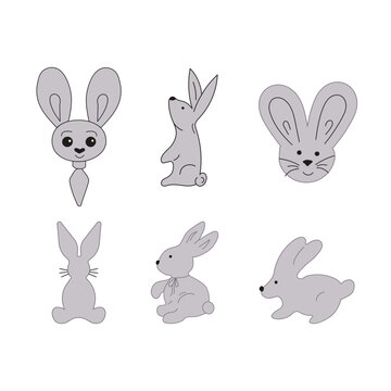 Rabbits in different poses and styles. Bunny set character. Gray Rabbits Vector illustration.