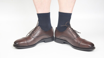 Male legs in socks and brown classic shoes on a white background