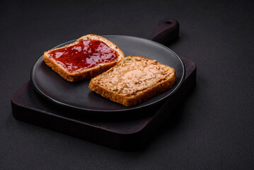 Nutritious sandwiches consisting of bread, raspberry jam and peanut butter