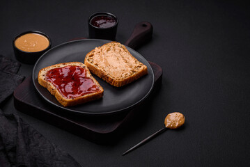 Nutritious sandwiches consisting of bread, raspberry jam and peanut butter