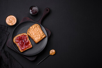 Nutritious sandwiches consisting of bread, raspberry jam and peanut butter
