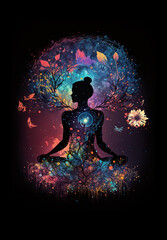Silhouette of a woman surrounded by flowers and forces of cosmic energy, illustration generative AI
