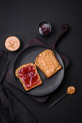 Nutritious sandwiches consisting of bread, raspberry jam and peanut butter