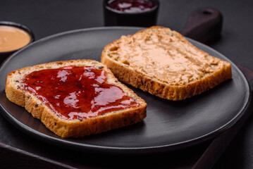 Nutritious sandwiches consisting of bread, raspberry jam and peanut butter