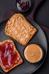 Nutritious sandwiches consisting of bread, raspberry jam and peanut butter