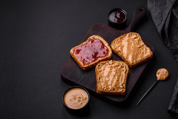 Nutritious sandwiches consisting of bread, raspberry jam and peanut butter