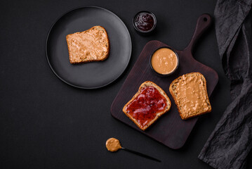Nutritious sandwiches consisting of bread, raspberry jam and peanut butter