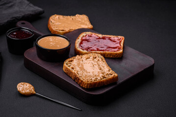 Nutritious sandwiches consisting of bread, raspberry jam and peanut butter