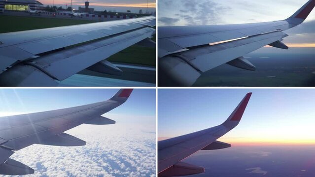 Collage of views with the aircraft. The concept of travel. Wing of the plane