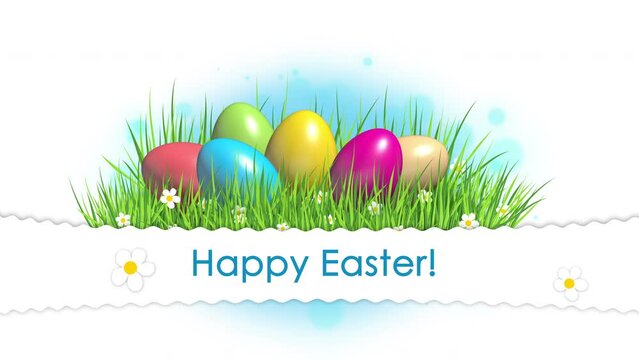 Looped animation of happy easter with colored eggs on green spring grass. White background with blue blurred bokeh circles.