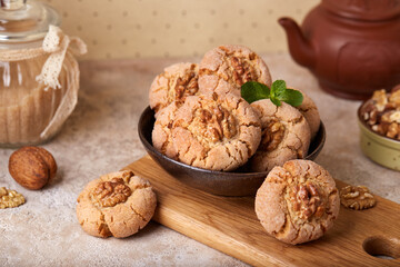 Walnut butter cookies with brown sugar. Delicious homemade dessert.