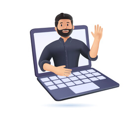 3D online communication concept with happy man. Man gesturing hi during remote virtual call. Business person on laptop © RedVector