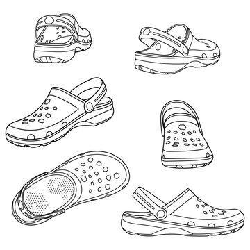 Ivano-Frankivsk, Ukraine - 16 May: Big set of Hand drawn Crocs detailed flip flop shoes. Classic summer style. Outline doodle illustration. Image in different views - front, back, top, side, sole view