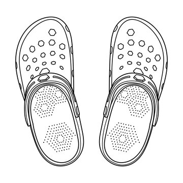 Ivano-Frankivsk, Ukraine - 16 May: Hand drawn Crocs detailed flip flop shoes. Classic summer style. Outline doodle vector illustration. Top view	