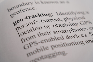 A closeup mockup of a dictionary of the word Geo-Tracking
