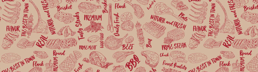 Meat seamless pattern. Hand-drawn vector illustration. Carved style. Food menu background. Sketch illustration.