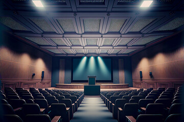 Naklejka premium Empty conference hall interior with stage for presentation. Postproducted generative AI illustration.