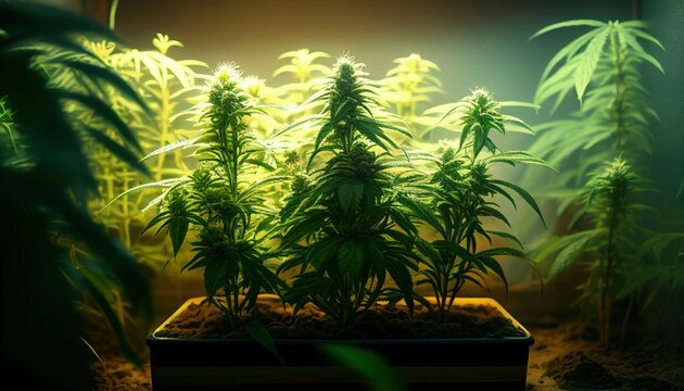 Cannabis cultivation indoor growing, Marijuana plants in grow box. Generative AI