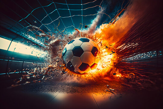 The soccer ball flies into the net, exploding the goal. Generative AI © aapsky