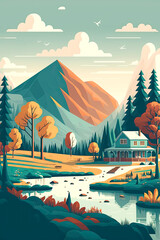 Fototapeta premium Lovely autumn landscape scenery with house in nature. Postproducted generative AI illustration.