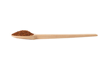 Rooibos tea medium cut on wooden spoon isolated on white background. Rooibos in latin Aspalathus linearis. herb. herbal tea. food ingredient.