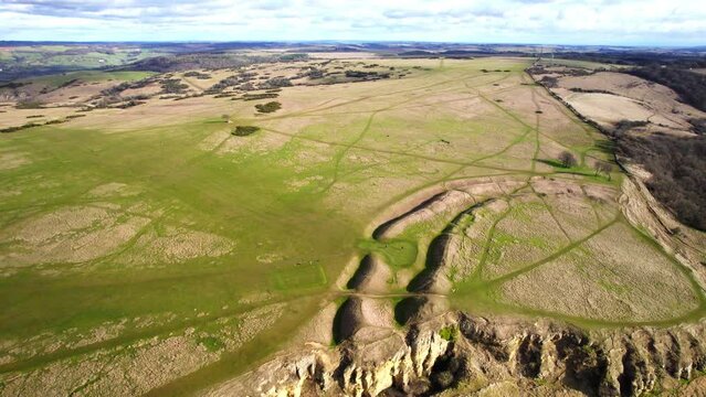 Aerial Tiny Planet view of Old Sarum Castle in Salisbury, UK