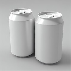 Two white aluminum beverage cans on a light background, Mockup. Generative AI