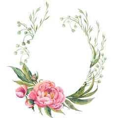 Floral card with watercolor pink peony flowers and green branches. Illustration on white background.