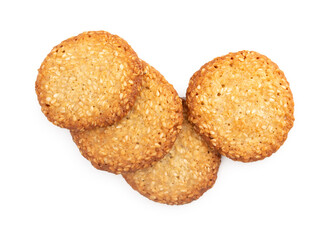 Stack of cookies with sesame isolated on a white background top view.