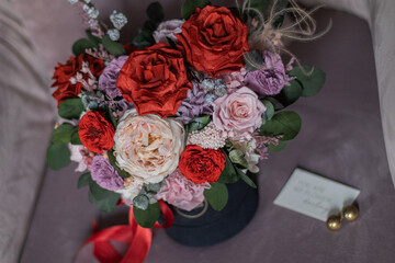 Red Roses Bouquet in Black Box. Bouquet for a girl for mother's day, valentine's day, Woman's day 8 march.