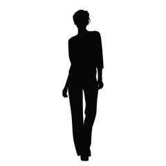 Silhouette of a standing woman in wide jeans, business people, vector illustration, black, isolated on a white background