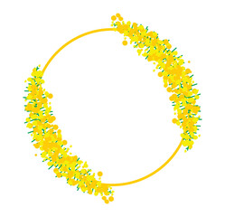 Beautiful yellow acacia flowers or inflorescences, leaves on a frame with golden line. Elegant floral decoration. Vector illustration