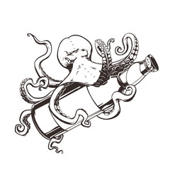 Concept Octopus wrapped around a bottle of beer, printable image. Vector clipart