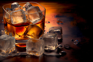 A glass of whiskey and ice cubes bar background with copy space, generative AI digital art.