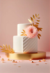 A small wedding cake decorated with pink flower and gold branches, generative AI digital art.