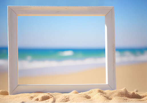 Summer beach vacation background with white picture frame, generative AI digital art.