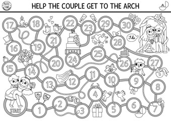 Wedding black and white dice board game for children with cute just married couple, bride, groom, arch. Marriage ceremony boardgame.  Matrimonial printable activity, coloring page.