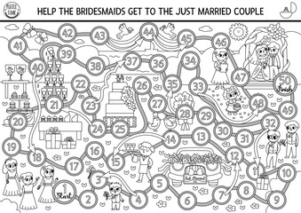 Wedding black and white dice board game for children with cute bride, groom, bridemaids, rings. Marriage ceremony scene boardgame. Matrimonial printable activity, coloring page.