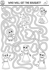 Wedding black and white maze for kids with bride, flower bouquets and bridesmaids. Marriage ceremony preschool printable activity. Matrimonial labyrinth game with cute girls in gowns.