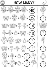 How many flowers game, equation or rebus with cute bouquets. Wedding black and white math activity or coloring page. Marriage ceremony printable counting worksheet for kids with butterfly, ring.
