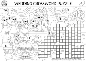 Vector black and white wedding crossword puzzle for kids. Simple line quiz with marriage landscape. Coloring page or activity with bride, groom, cake. Cute cross word with holiday scene.