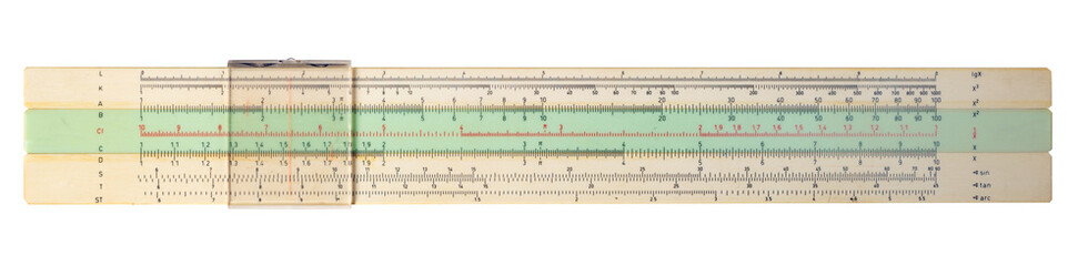 Logarithmic slide rule for performing complex mathematical calculations on an isolated background.