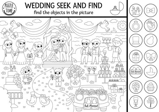Vector wedding black and white searching game with marriage scene. Spot hidden objects in the picture. Seek and find printable activity or coloring page for kids with cute bride, groom, guests.