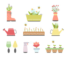 Set of spring items. Tools for working in the garden and in the garden. Spring. The concept of spring work in nature