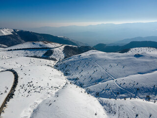 Aerial winter view of Balkan Mountains around Beklemeto pass, Bulgaria